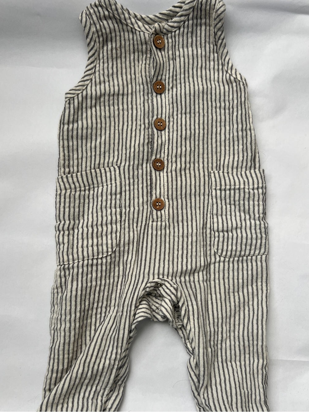 Striped Cream and Black Knit Romper with Wooden Buttons